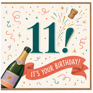 11th Birthday Card, Colourful Confetti and Champagne Bottle Design, It's Your Birthday