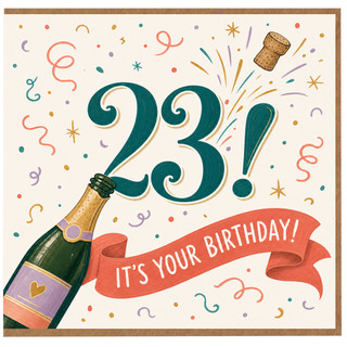 23rd Birthday Card, Festive Champagne and Confetti Birthday Card
