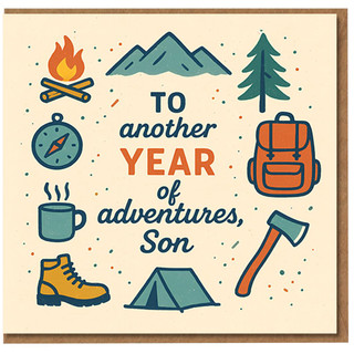 Son Birthday Card with mountains, a tent, a backpack and outdoor icons