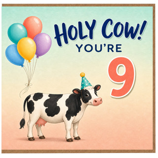 9th Birthday Card, Holy Cow You're 9 Funny Cow Balloon Card