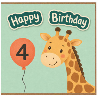 4th Birthday Card, Cute Giraffe Birthday Card