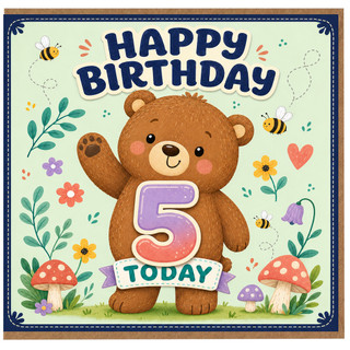 5th Birthday Card, Cute Teddy Bear Happy Birthday Today Card