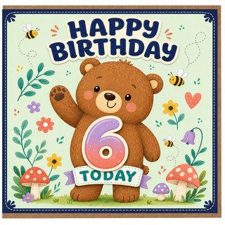 6th Birthday Card, Cute Bear Happy Birthday Today Card