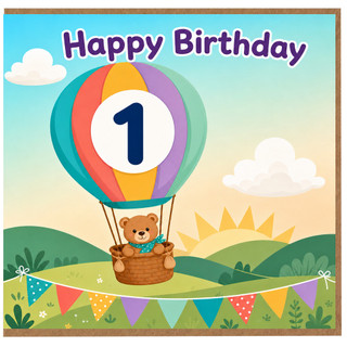 1st Birthday Card, Cute Teddy Bear Hot Air Balloon Happy Birthday Card