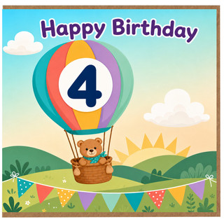 4th Birthday Card, Happy Birthday Hot Air Balloon Teddy Bear Card