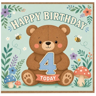 4th Birthday Card, Cute Teddy Bear Birthday Card