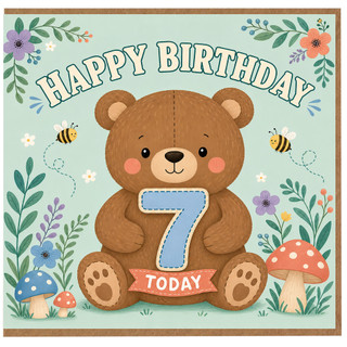 7th Birthday Card, Cute Teddy Bear Happy Birthday Card