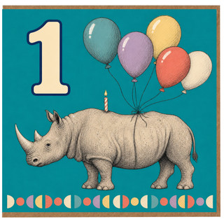 1st Birthday Card, Cute Rhino with Balloons and Candle