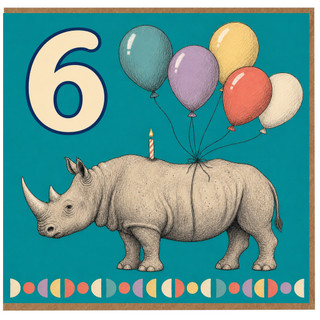 6th Birthday Card, Cute Rhino with Balloons and Candle
