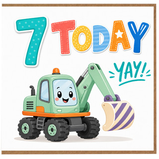 7th Birthday Card, Cute Excavator Construction Theme Card