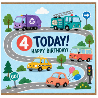 4th Birthday Card, Transport Theme Happy Birthday Card