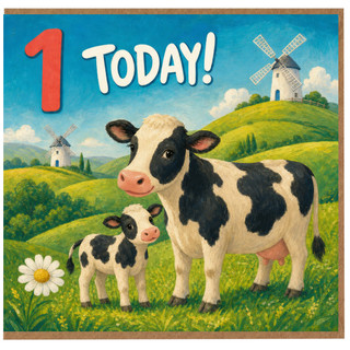 1st Birthday Card, Today! Cow and Calf Farm Scene Greeting Card