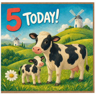 5th Birthday Card, Cute Cow and Calf Farm Card