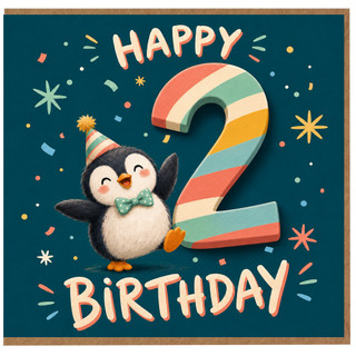 2nd Birthday Card, Penguin Happy Birthday Card