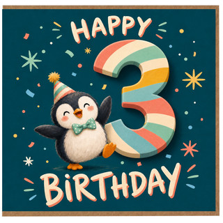 3rd Birthday Card, Cute Penguin Happy Birthday Card
