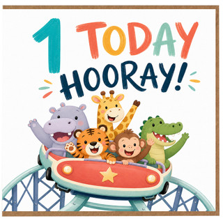 1st Birthday Card, 1 Today Hooray Cute Animal Roller Coaster Card