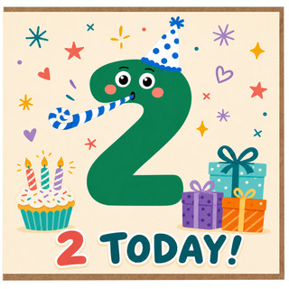 2nd Birthday Card, 2 Today Cute Number Two Birthday Card