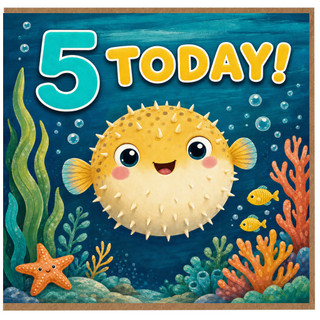 5th Birthday Card, 5 Today Under the Sea Pufferfish Card