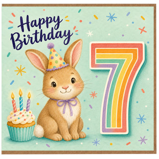 7th Birthday Card, Cute Bunny Birthday Card for 7 Year Old
