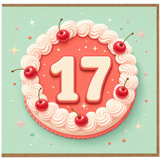 17th Birthday Card, Retro Cake and Cherry Birthday Card