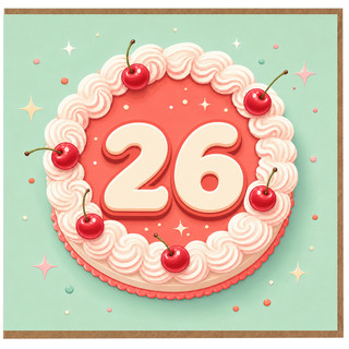 26th Birthday Card, Cute Cake and Cherry Design