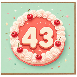 43rd Birthday Card, Cake and Cherries Design