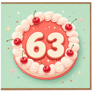 63rd Birthday Card, Birthday Cake Design with Cherries