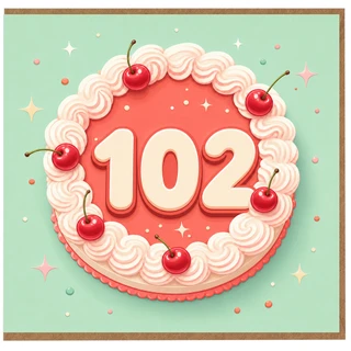 102nd Birthday Card, Cute Cake and Cherries Design