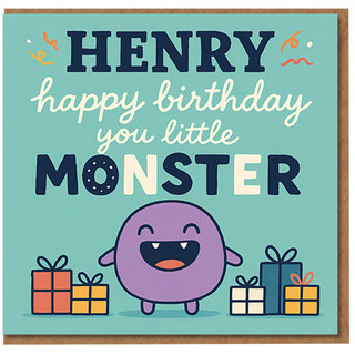 Henry Birthday Card - Happy Birthday You Little Monster - Cute Kids Card with Purple Monster and Presents - Fun Child’s Greeting