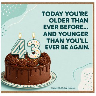 43rd Birthday Card, Funny Cake and Candles Humorous Birthday Card