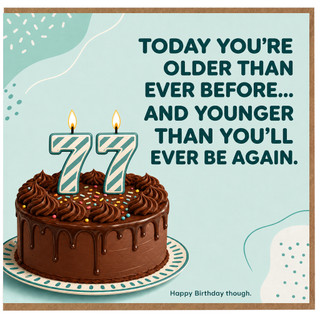 77th Birthday Card, Funny Happy Birthday Card with Chocolate Cake and 7 Candles