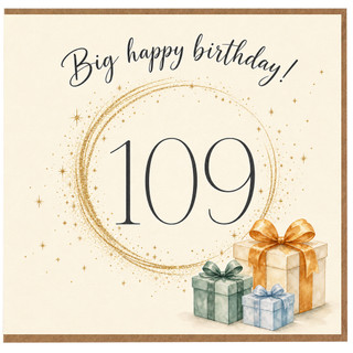 109th Birthday Card, Big Happy Birthday Card with Gold Starry Swirl and Gift Boxes