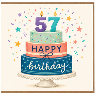 57th Birthday Card, Happy Birthday Cake Design Card