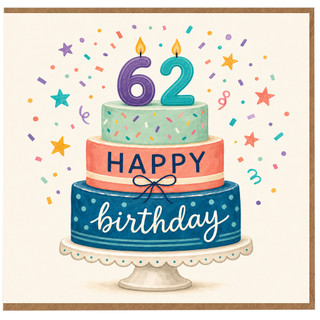 62nd Birthday Card, Happy Birthday Cake Design Card
