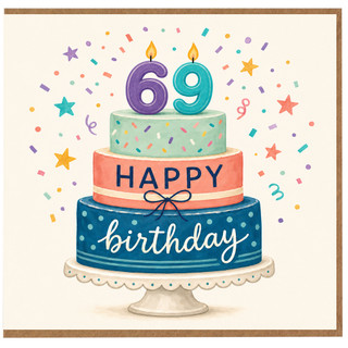 69th Birthday Card, Happy Birthday Cake Design
