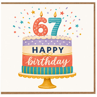 67th Birthday Card, Happy Birthday Cake Design with Candles and Confetti