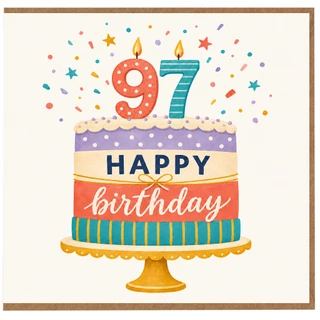 97th Birthday Card, Happy Birthday Cake and Confetti Design