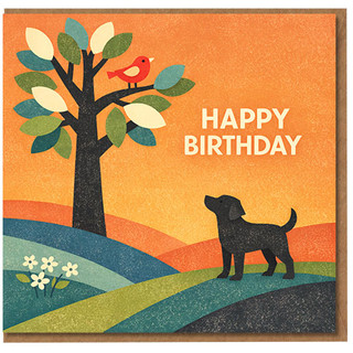 Happy Birthday Card - Dog and Bird Under Tree, Retro Nature Illustration - Cute Animal Design, Blank Inside - For Dog Lovers, Friends or Family