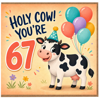 67th Birthday Card, Holy Cow You're 67 Funny Cow Balloon Birthday Card