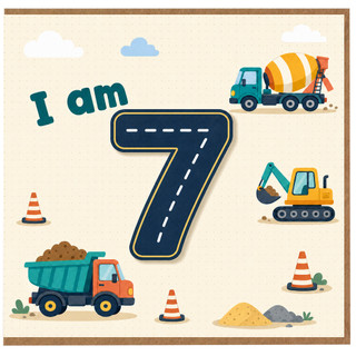 7th Birthday Card, Construction Vehicles Design