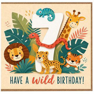 7th Birthday Card, Wild Birthday Jungle Animals Card
