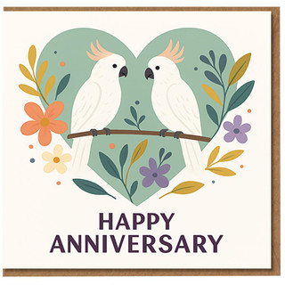 Happy Anniversary Card - Cute Cockatoos in Floral Heart Illustration - Romantic Greeting Card for Couples, Husband or Wife - Anniversary Love with Envelope