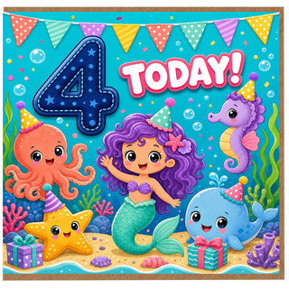 4th Birthday Card, Cute Under the Sea Mermaid and Sea Creatures Today!