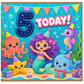 5th Birthday Card, Cute Underwater Mermaid and Sea Creatures Today!