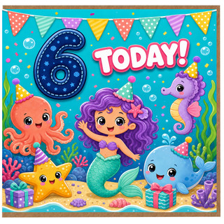 6th Birthday Card, Cute Under the Sea Mermaid and Sea Creatures Party Card