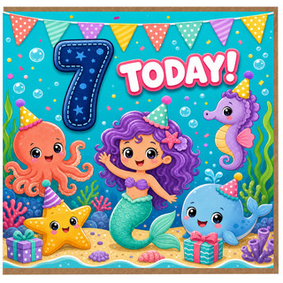 7th Birthday Card, Under the Sea Mermaid & Sea Creatures