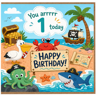 1st Birthday Card, Pirate Themed Happy Birthday Card