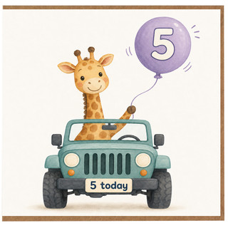 5th Birthday Card, Giraffe in Jeep with Number 5 Balloon