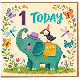 1st Birthday Card, Cute Elephant and Puffin First Birthday Card