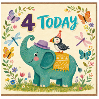 4th Birthday Card, Cute Elephant and Puffin 4 Today Card